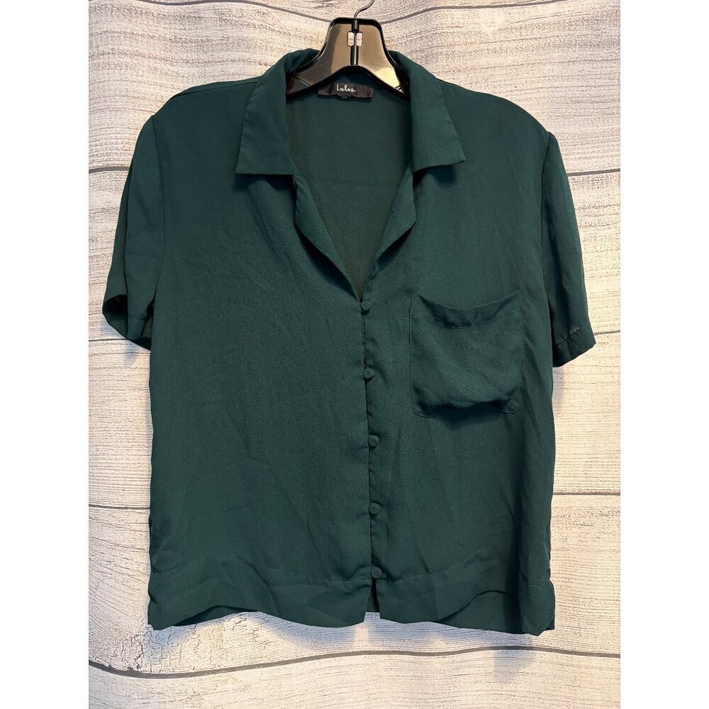 Lulus Good Luck Charm Dark Green Short Sleeve Button-Up Top Size XS